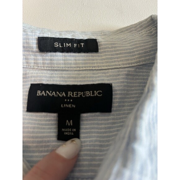 Banana Republic Men's Blue Stripe Linen Slim Fit Short Sleeve Shirt Size M - Picture 3 of 6
